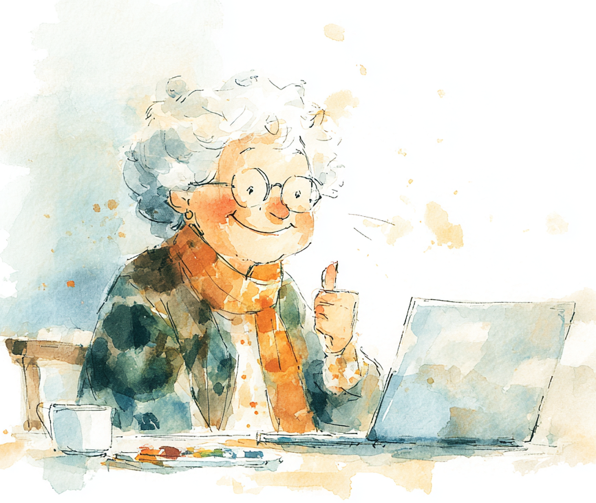 Seniorin mit Laptop Wasserfarbe